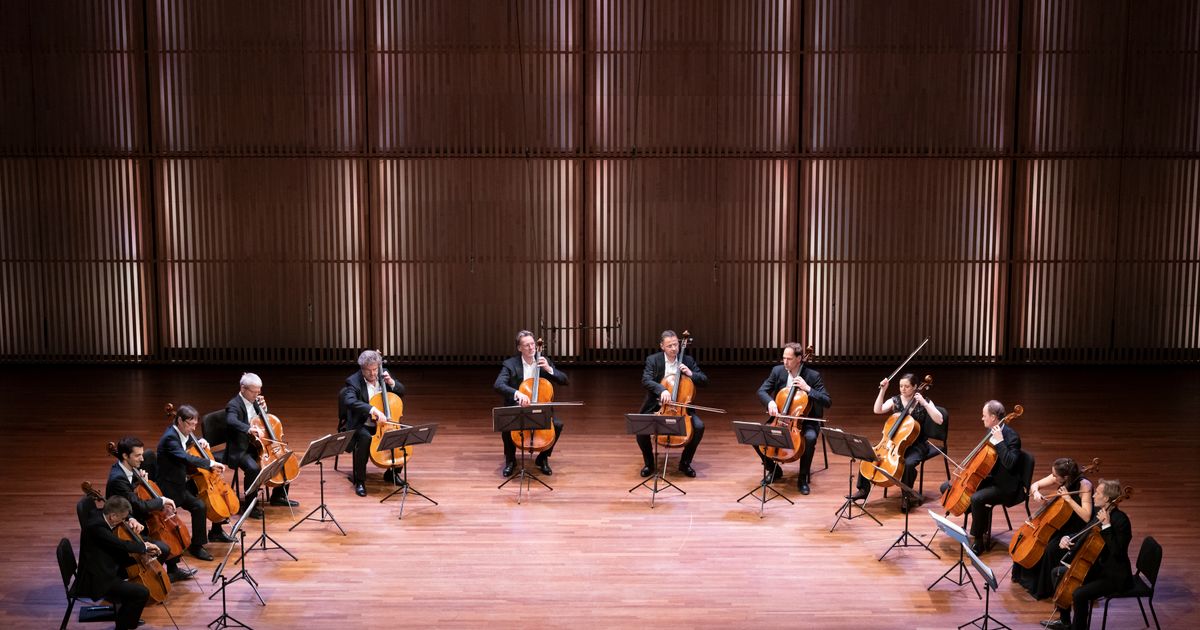 Die 12 Cellisten der Berliner Philharmoniker in Muziekgebouw aan 't IJ, Amsterdam