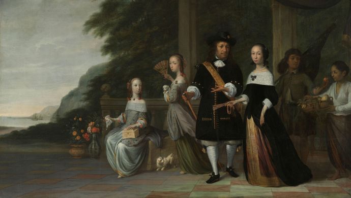 Portret van Pieter Cnoll, Cornelia van Nijenroode, hun dochters en twee tot slaaf gemaakte bedienden (Batavia, 1665) van Jacob Coeman